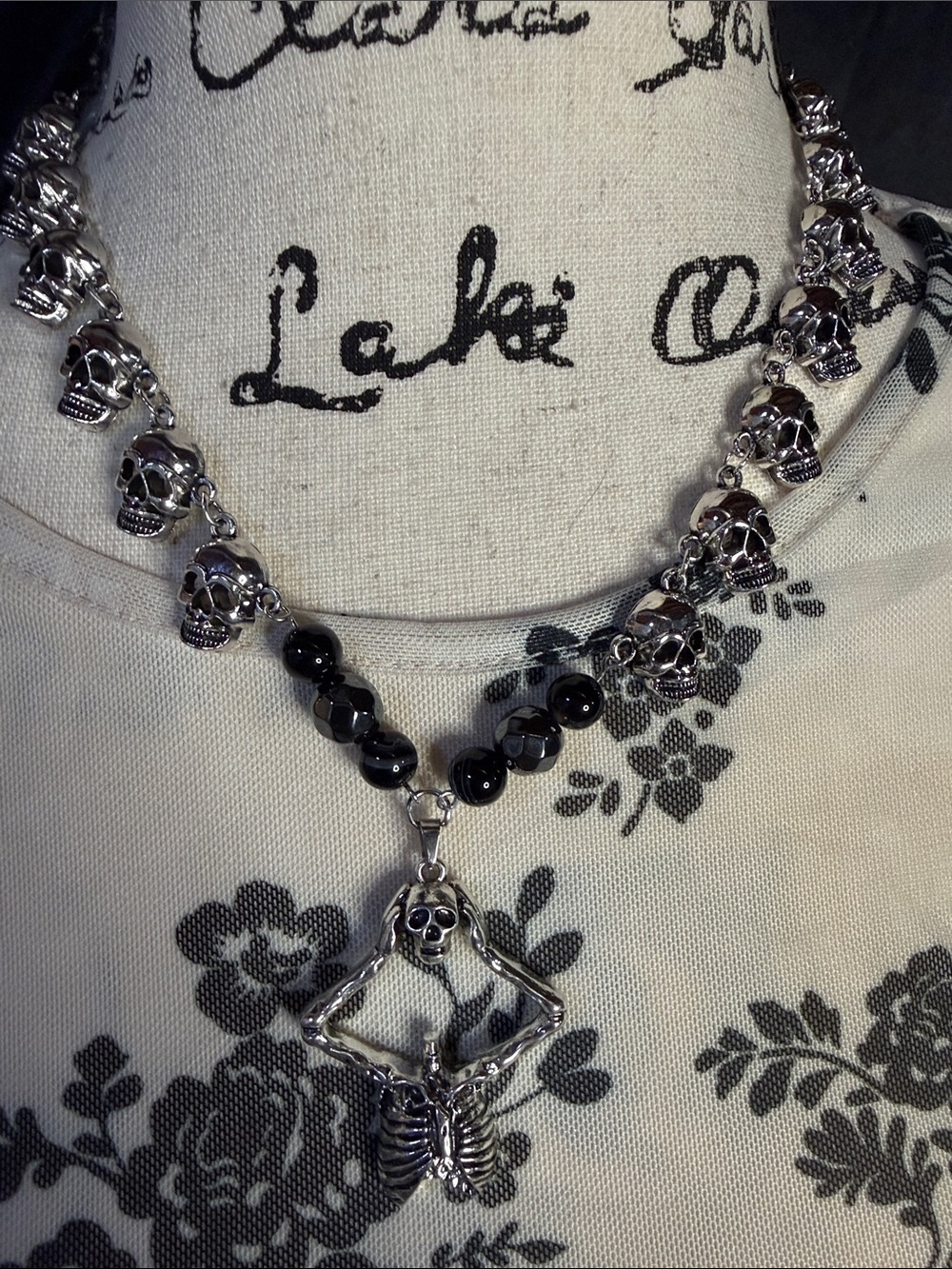 Handmade Dark Romantic Articulated Skull Necklace Black Agate Goth Statement